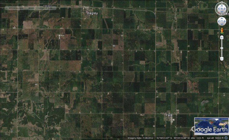Google Earth image of Guthrie County near Logan, Iowa, during the dry July of 2012. Water stress limited growth, as can be seen in the picture. In such cases, unused nitrogen due to low crop growth is at risk of  leachig and gaseous losses when the soil become wet in late fall or spring. First and second order streams transport nitrogen and other pollutants to major rivers. Buffer strips and biomass crops can intercept a fraction of the nitrogen.