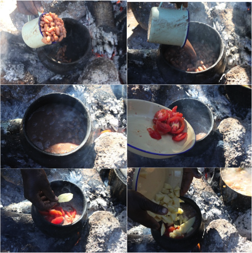 An example of six steps of a low literacy bean stew recipe panel.