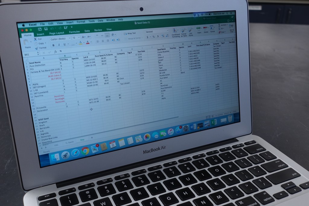 Using Excel, create a database of seed cultivars and their tag information including name, species, lot number, percent pure seed, percent germination, test date, and producing company. 