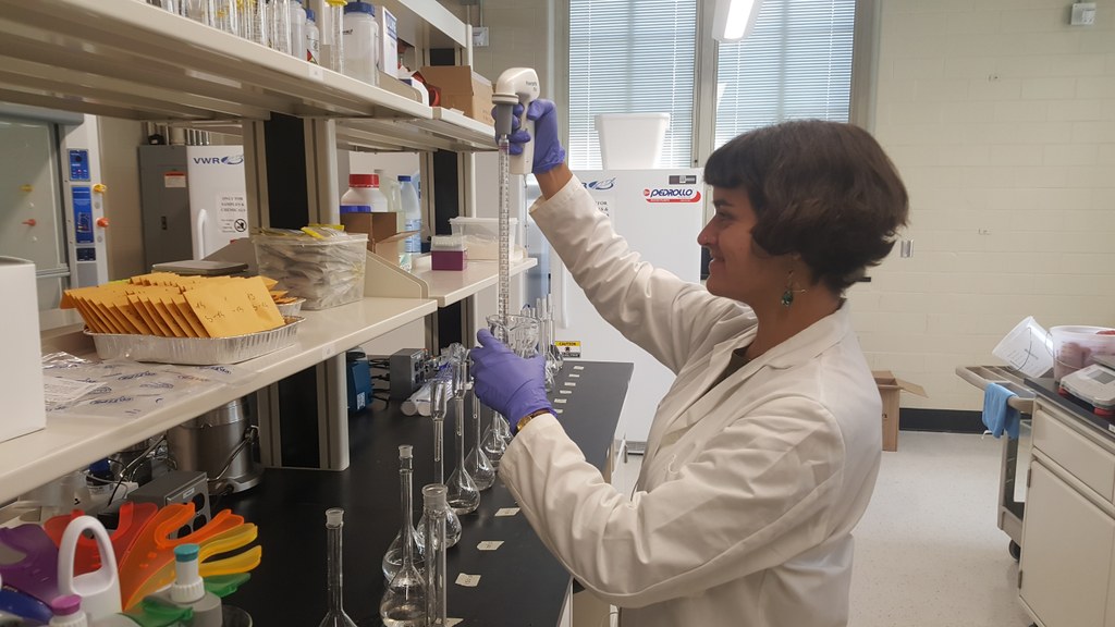 Summer research intern preparing dilutions of concentrated nutrient solutions used to test the accuracy of portable ion selective electrodes